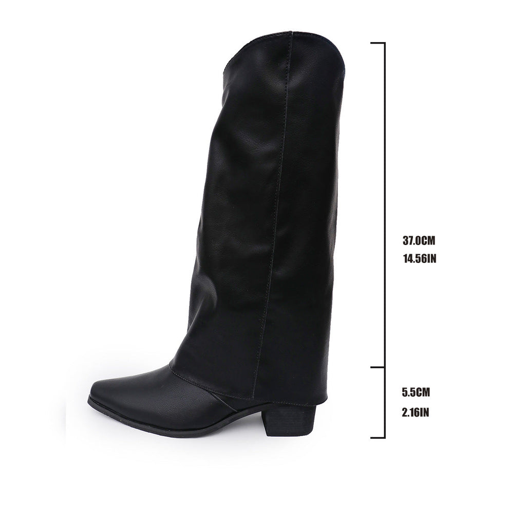 Black Bella Mia retro rivet high top Western cowboy boots with pointed toes, long mid heels, slip-on design, and decorative rivets.