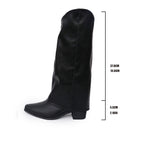 Black Bella Mia retro rivet high top Western cowboy boots with pointed toes, long mid heels, slip-on design, and decorative rivets.