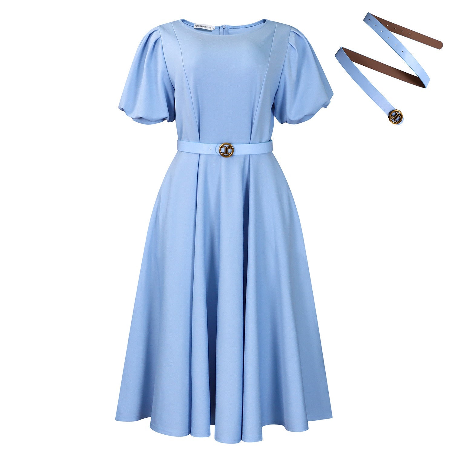 Women’s high waist puff sleeve round neck dress by Plush Fashion Shop, stylish and comfortable for casual or dressy wear.