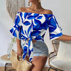 Women Clothing Early Autumn Satin Shirt Printed off the Shoulder Red Loose Fitting Shirt Bella Mia