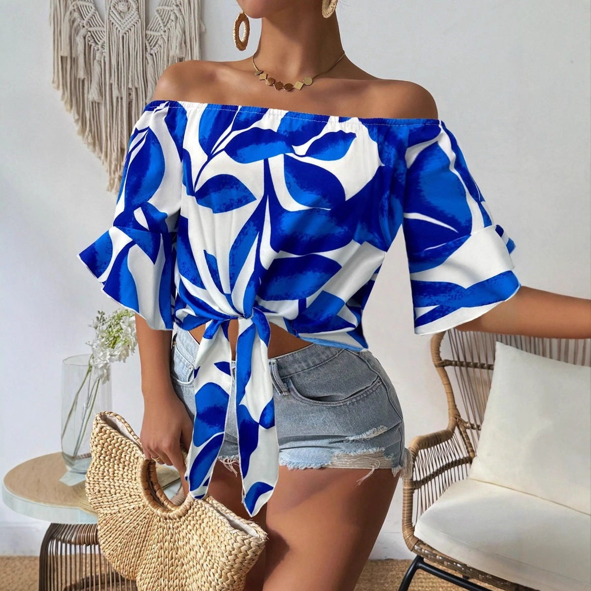 Women Clothing Early Autumn Satin Shirt Printed off the Shoulder Red Loose Fitting Shirt Bella Mia