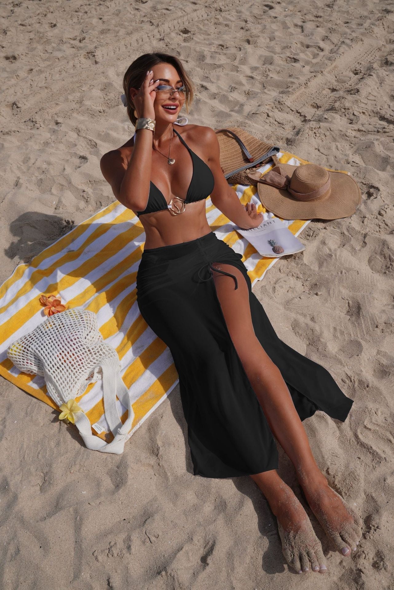 Solid color beach sun protection tulle skirt and sexy bikini set from Plush Fashion Hub, featuring a three-piece split swimsuit.
