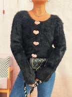 Bella Mia women's cozy autumn winter knitted cardigan with love-themed buttons, solid color, mink-like soft texture.