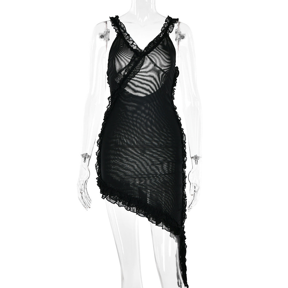 Summer V-neck slip dress for women by Wanita Store, backless stitching lotus leaf design, lightweight and stylish for warm weather.