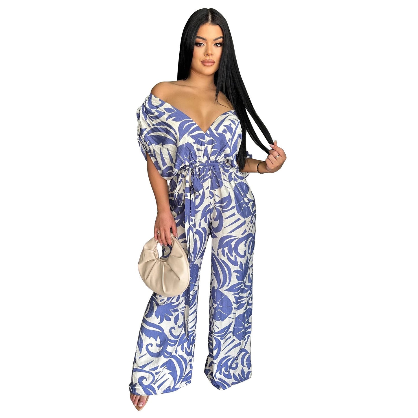 Women Clothing off the Shoulder Batwing Sleeve Wide Leg Printed Jumpsuit Bella Mia