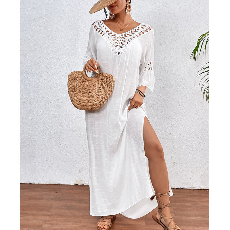 Colorful hand-crocheted women’s beach overskirt with cutout backless design by Bella Mia, featuring loose fit and vibrant stitching.