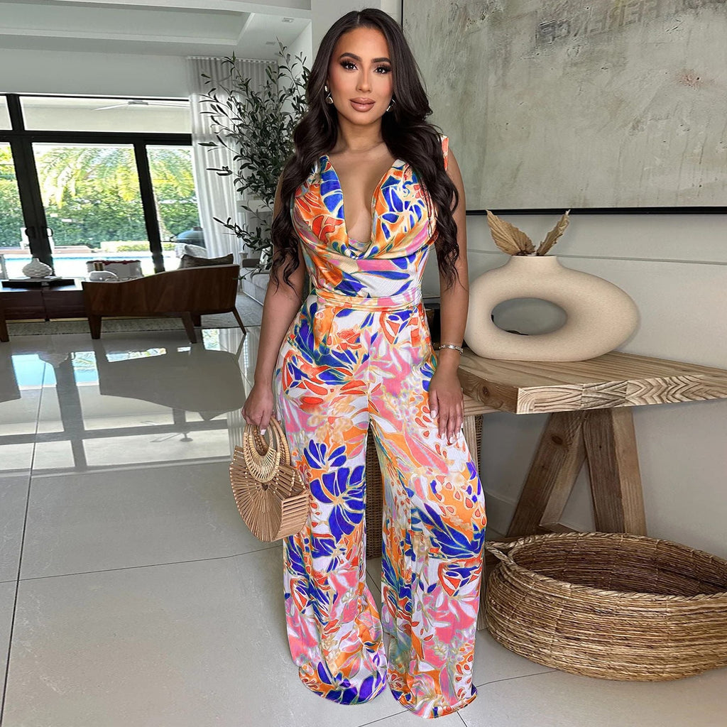Women’s sleeveless lace-up wide-leg printed jumpsuit by Bella Mia, featuring a stylish design and vibrant print.