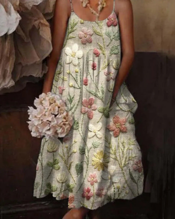 European and American style floral art print sling holiday dress from Plush Fashion Hub, casualwear with vibrant floral pattern.