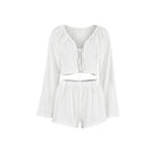 Spring white cotton cardigan and lace-up long sleeve pajamas two-piece set by Bella Mia, casual ladies homewear with shorts.