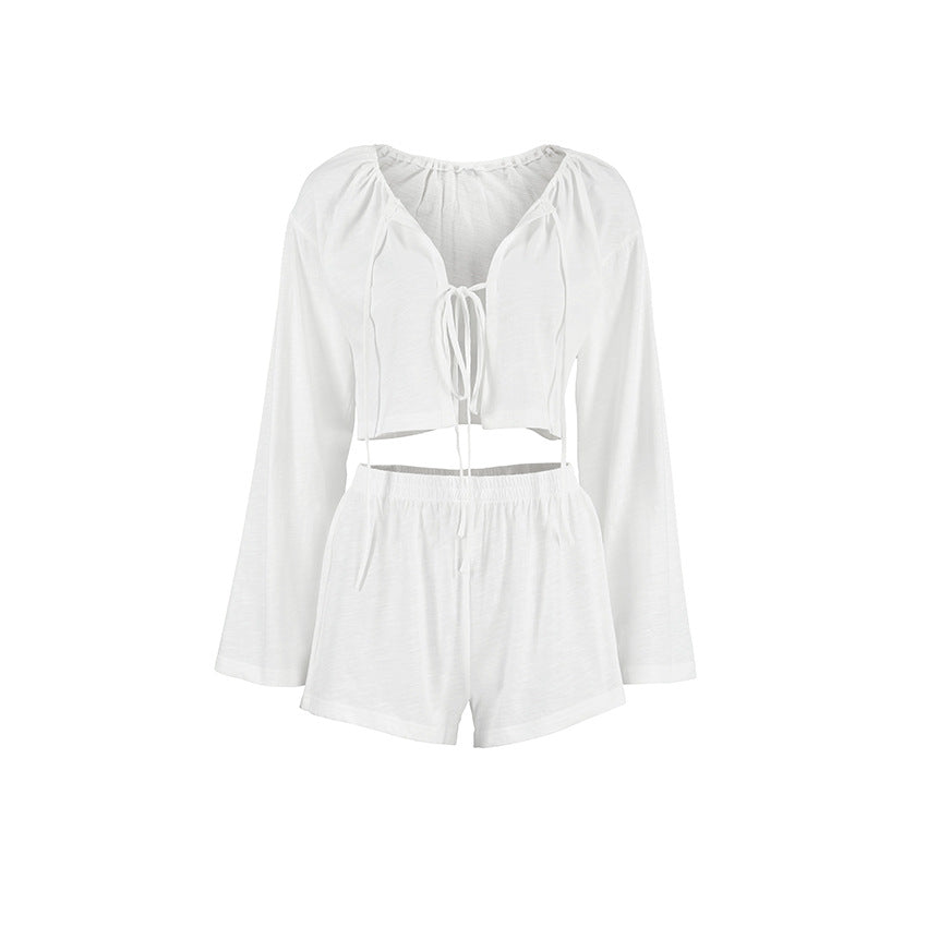 Spring white cotton cardigan and lace-up long sleeve pajamas two-piece set by Bella Mia, casual ladies homewear with shorts.