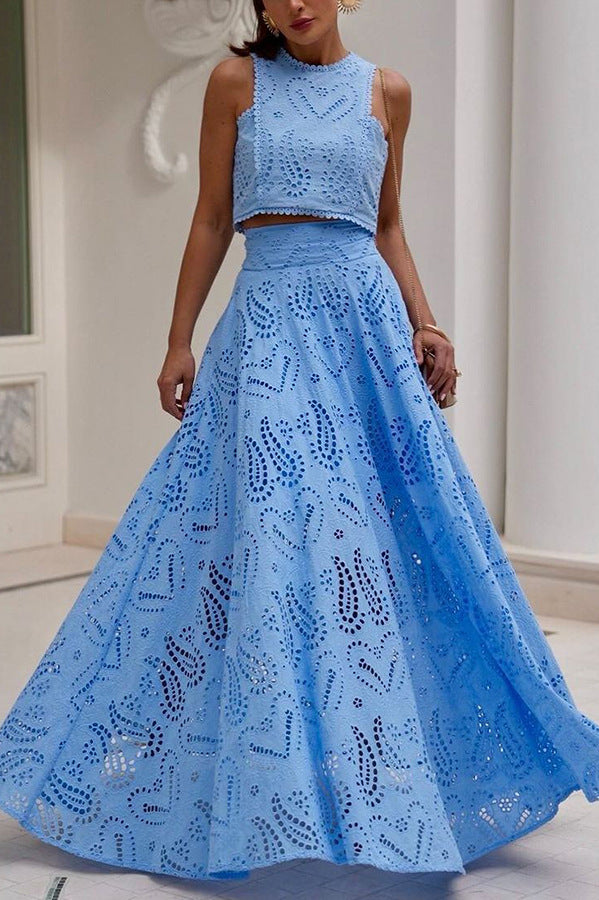 Casual women's sleeveless long skirt and top set with pockets, perfect for spring and summer vacations, by Wanita Store.