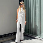 White tie neck sleeveless top and wide-leg pants two-piece set for women, seasonal summer fashion by Plush Fashion Hub.