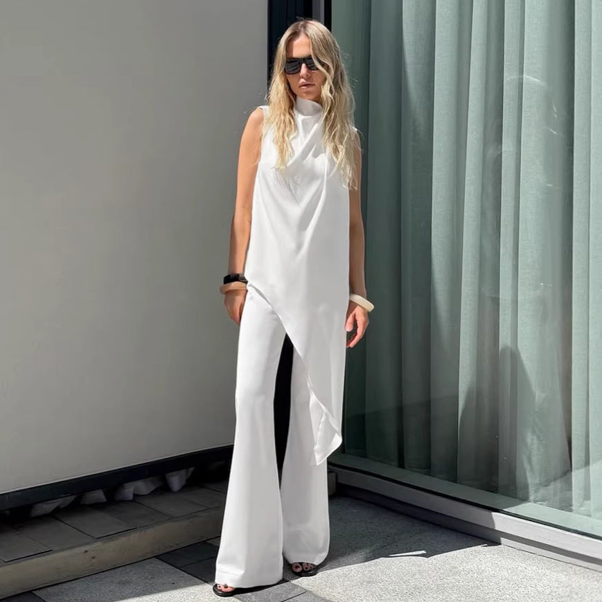 White tie neck sleeveless top and wide-leg pants two-piece set for women, seasonal summer fashion by Plush Fashion Hub.