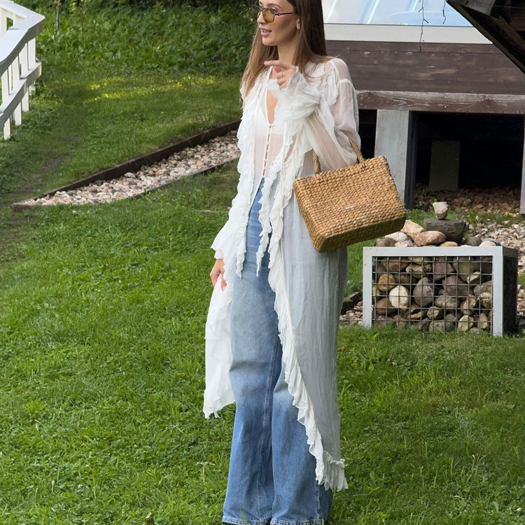 Women’s ruffled chiffon dress with sheer long sleeves and single-breasted design, stylish and sexy for elegant occasions.