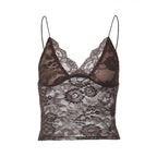 Women’s see-through lace spaghetti strap bandeau vest by Bella Mia, featuring a slim fit and deep V plunge design.