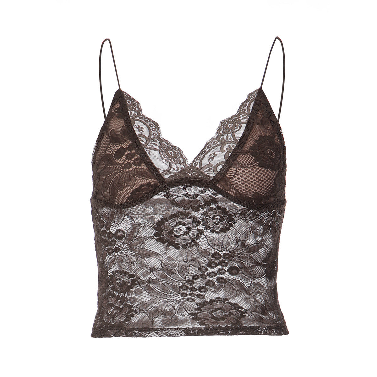 Women’s see-through lace spaghetti strap bandeau vest by Bella Mia, featuring a slim fit and deep V plunge design.