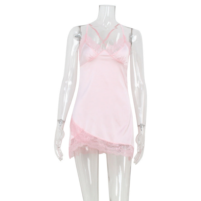 Pink satin V-neck lace edge dress by Bella Mia, featuring a sexy summer sling pajama style with skin-friendly fabric.