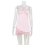 Pink satin V-neck lace edge dress by Bella Mia, featuring a sexy summer sling pajama style with skin-friendly fabric.