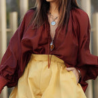 Bella Mia autumn ladies loose V-neck long sleeve casual top in solid color, featuring a relaxed fit and soft fabric.