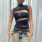 Women’s imitation denim vest top with sexy cutout design, stylish summer clothing from Wanita Store.