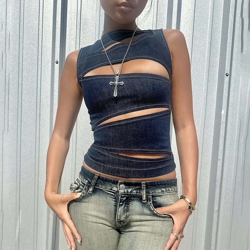 Summer women's imitation denim vest top with sexy cutout design, stylish sleeveless fashion piece by Plush Fashion Hub.