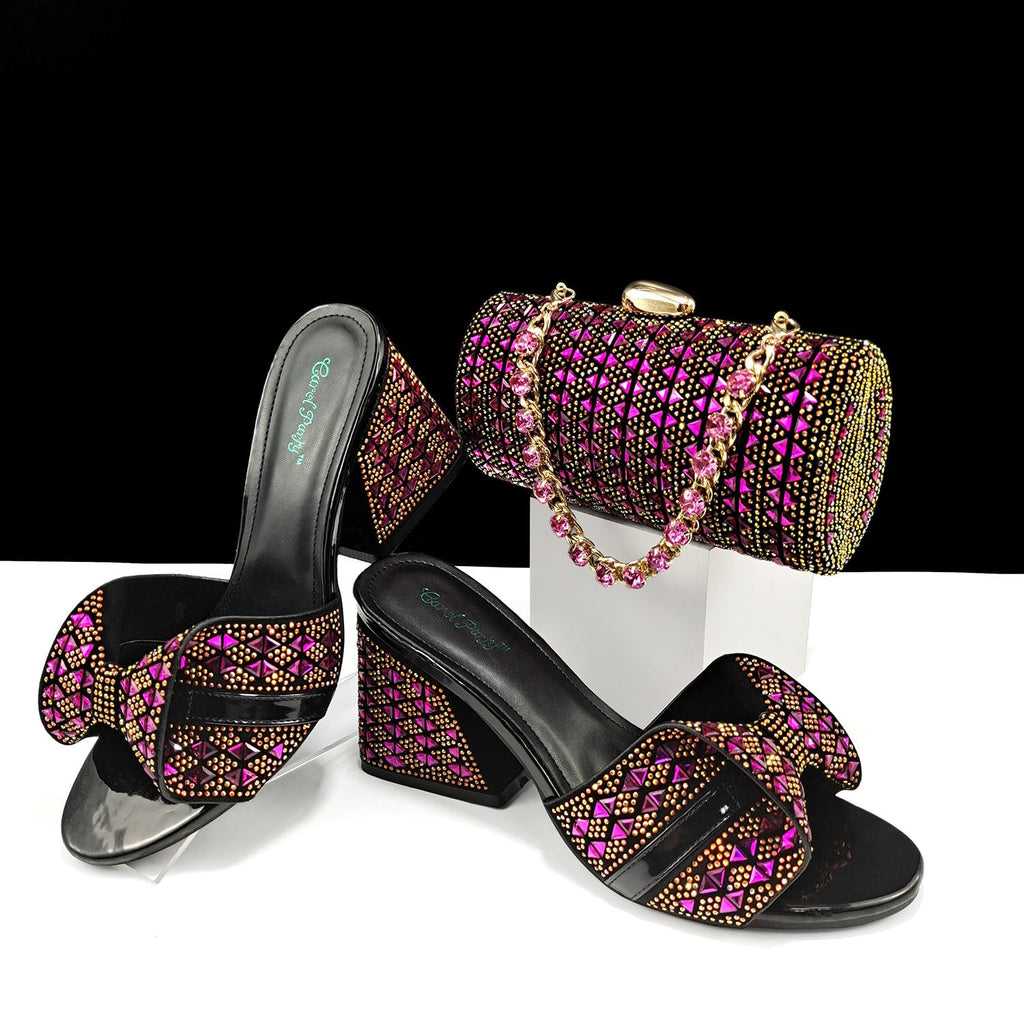 Women’s high heel slippers and matching cylindrical bag with rhinestone embellishments, summer casual footwear set by Wanita Store.