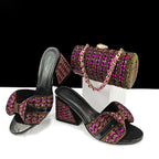 Women’s high heel slippers and matching cylindrical bag with rhinestone embellishments, summer casual footwear set by Wanita Store.