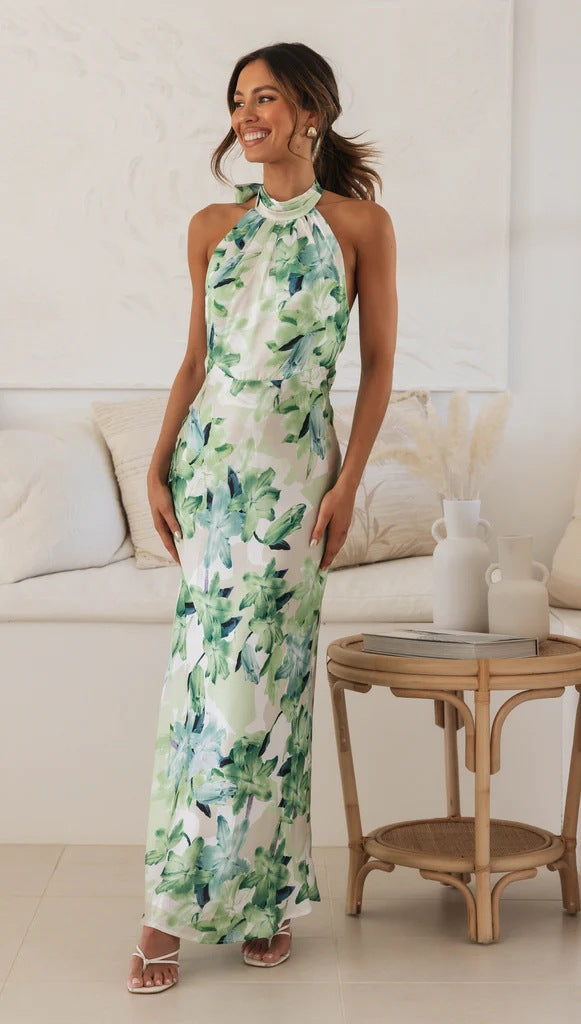 Floral digital print halter mid-length dress from Plush Fashion Hub, perfect for spring and summer occasions.
