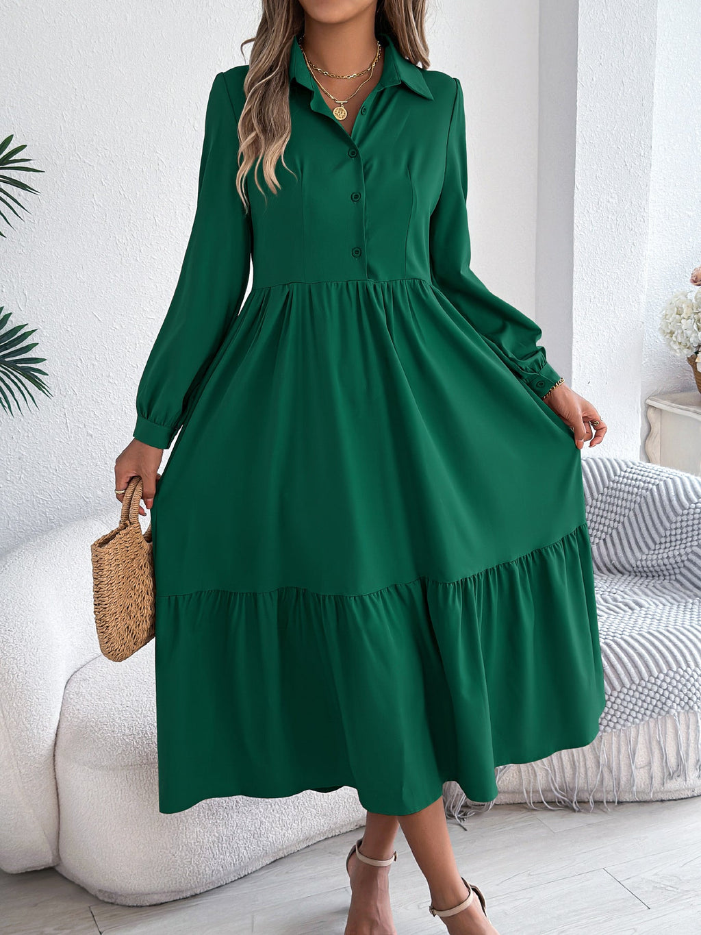 Women’s loose long sleeve ruffled shirt dress with a collar, ideal for autumn and winter casual wear, by Wanita Store.