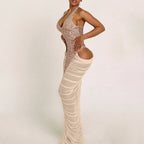 Bella Mia women's autumn winter dress with mesh, ruffle hip design, sequined stitching, and see-through details.