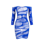 Bella Mia solid color long sleeve mesh dress with cutout details, see-through fabric, and stylish stitching for a sexy, modern look.