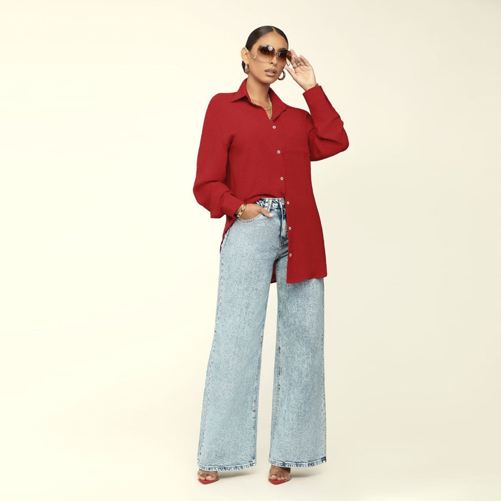Bella Mia fall women's long sleeve solid color casual top, loose fit, lightweight shirt for women.