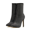 Women’s rhinestone high heel boots with pointed toe, stylish and sparkling footwear from Trendy Attic Store01.