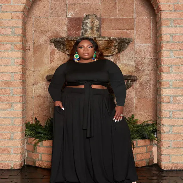 Plus size women's two-piece skirt set with long sleeves, stylish and comfortable outfit from Trendy Attic Store01.