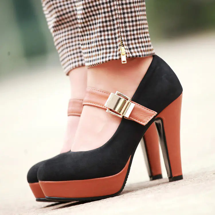 Women waterproof platform high heels from Plush Fashion Hub, stylish women shoes with glossy finish and chunky heel.