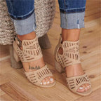 Women's floral cutout chunky heels sandals by Trendy Attic Store01, featuring open toe design and floral accents.