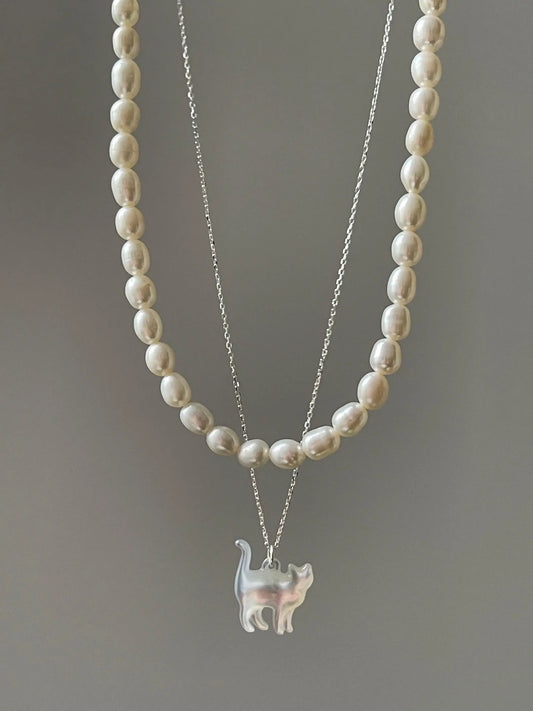 Original Cat&Pearl Stack Silver Necklace - Plush Fashion Hub