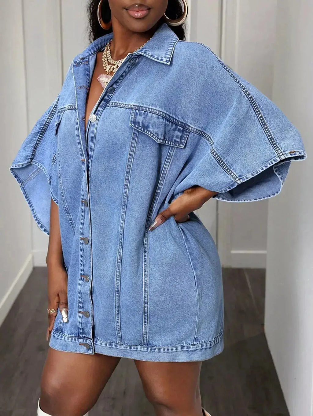 Oversized denim button-down shirt for women with batwing sleeves, stylish Trendsi shirt in a casual, relaxed fit.