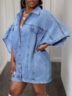 Oversized denim button-down shirt for women with batwing sleeves, stylish Trendsi shirt in a casual, relaxed fit.
