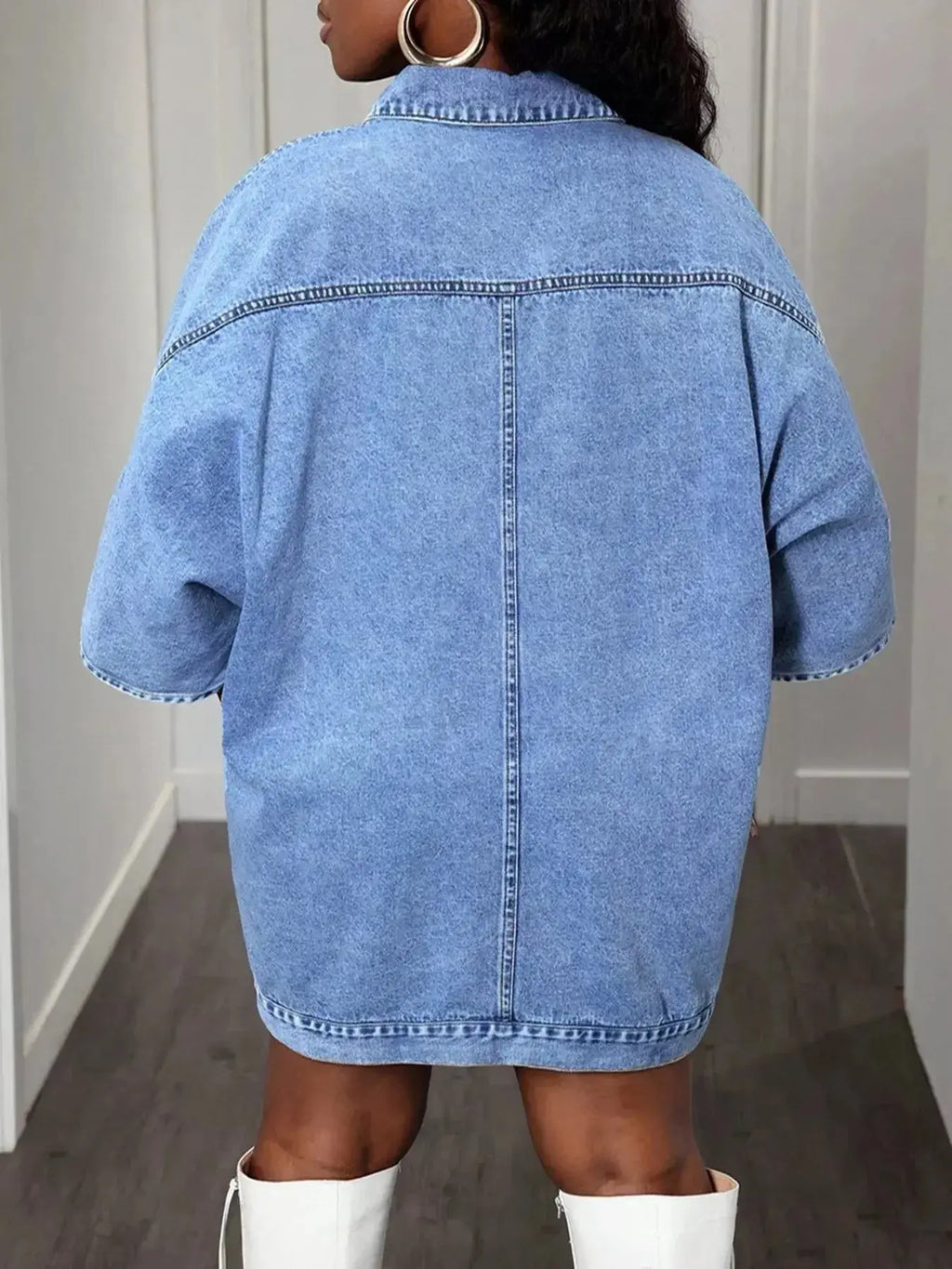 Oversized denim button-down shirt for women with batwing sleeves, stylish and casual Trendsi women's shirt.