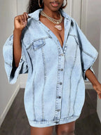 Oversized denim button-down shirt for women with batwing sleeves, stylish Trendsi shirt featuring a relaxed fit and classic design.