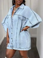 Oversized denim button-down shirt for women with batwing sleeves, trendy Trendsi fashion, casual and stylish fit.