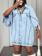 Women’s oversized denim button-down shirt with batwing sleeves, trendy casual shirt from Trendsi featuring a relaxed fit.
