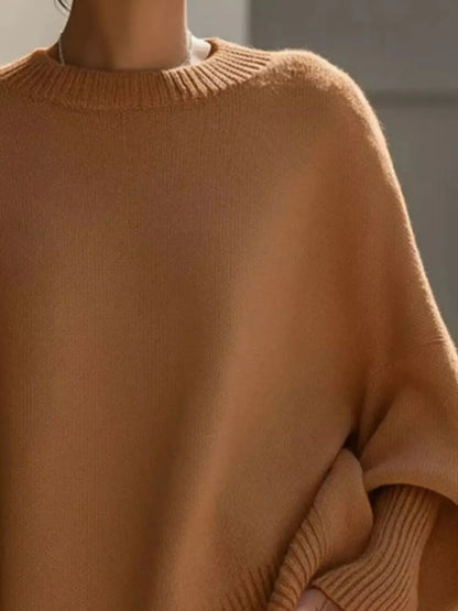Oversized Batwing Sleeve Round Neck Sweater - Plush Fashion Hub