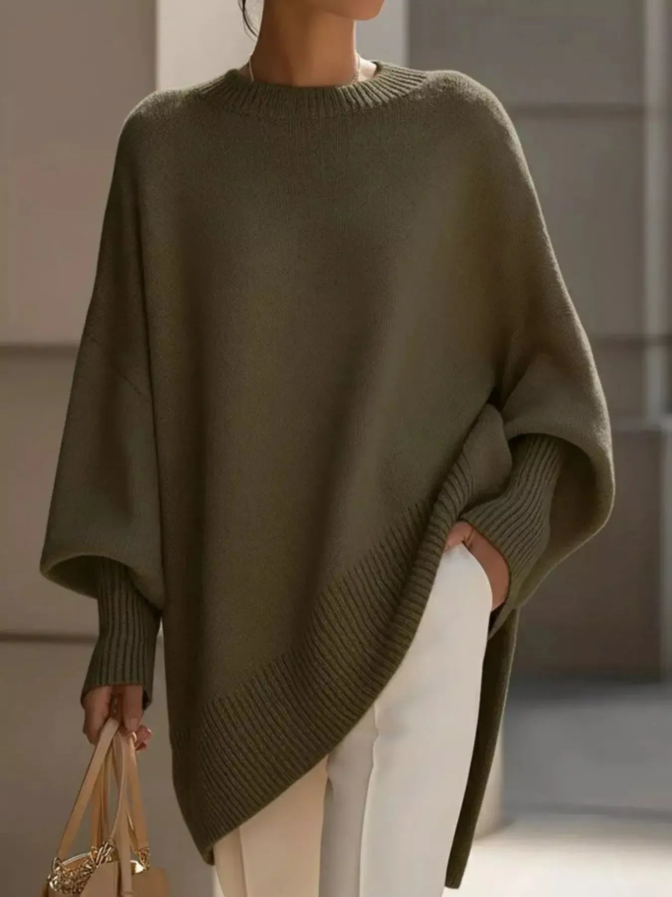 Oversized Batwing Sleeve Round Neck Sweater - Plush Fashion Hub