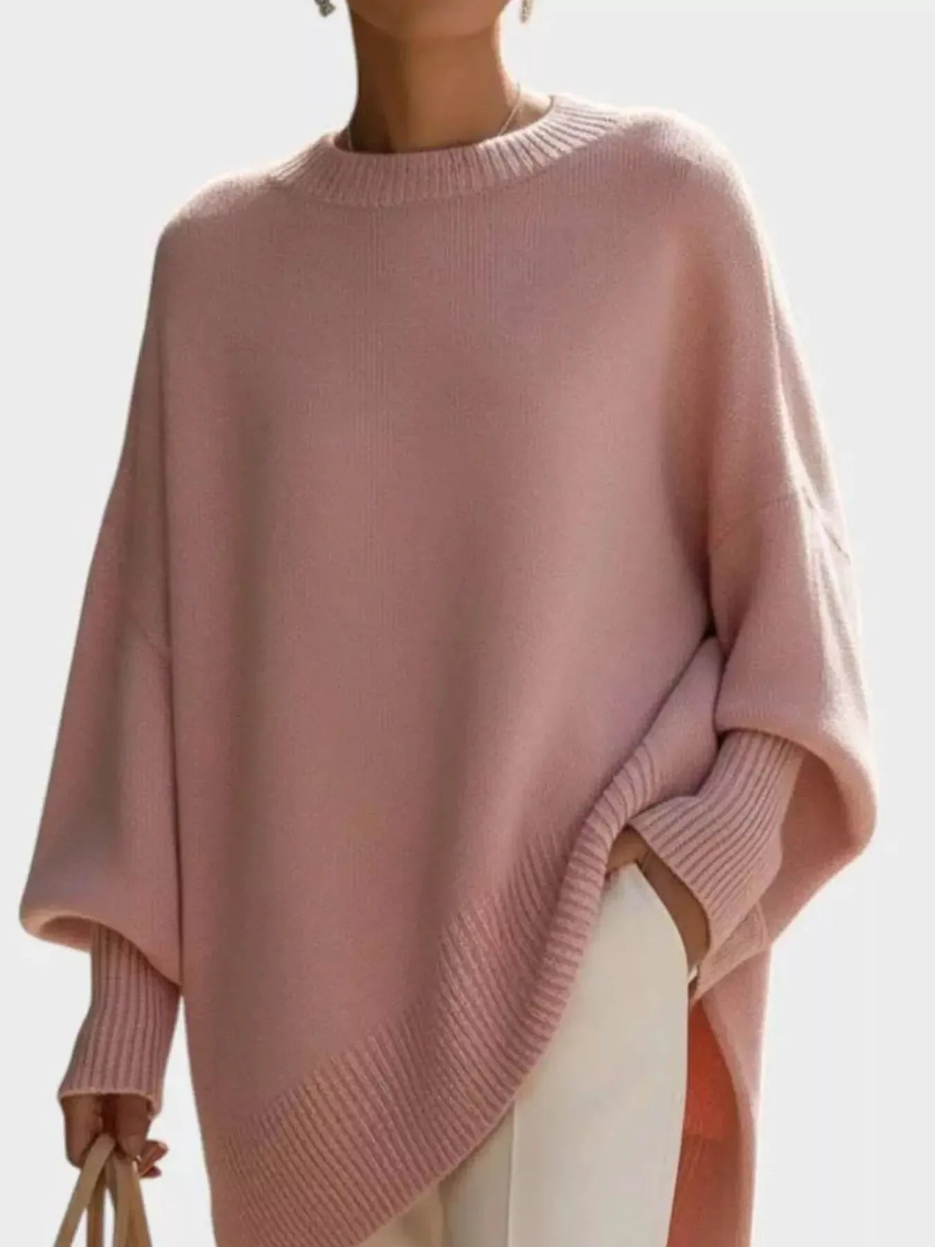Oversized Batwing Sleeve Round Neck Sweater - Plush Fashion Hub