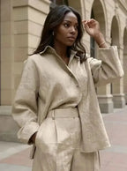 Women's oversized long sleeve button down shirt by Gilded Glamour Shop, relaxed casual chic top with a comfortable fit.