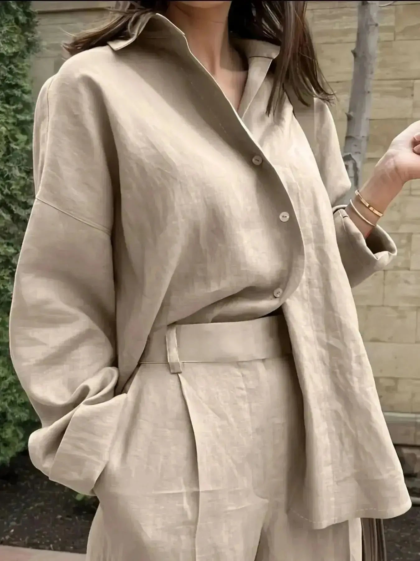 Women's oversized long sleeve button-down shirt by Gilded Glamour Shop, relaxed casual chic top with a loose fit and classic collar.