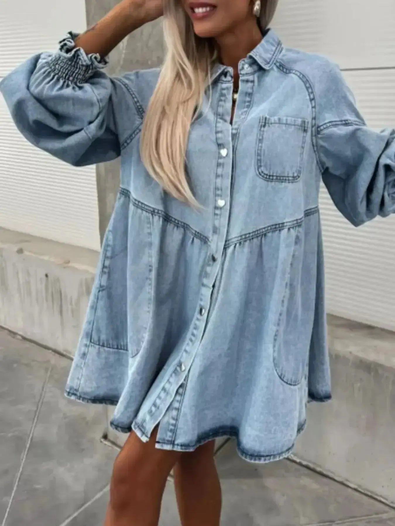 Oversized long sleeve denim button-up dress from Trendsi, featuring a relaxed fit and classic denim fabric.