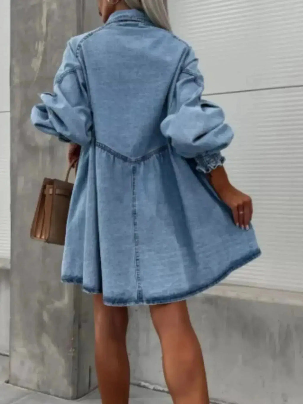 Oversized long sleeve denim button-up dress by Trendsi, featuring a relaxed fit and classic denim texture.